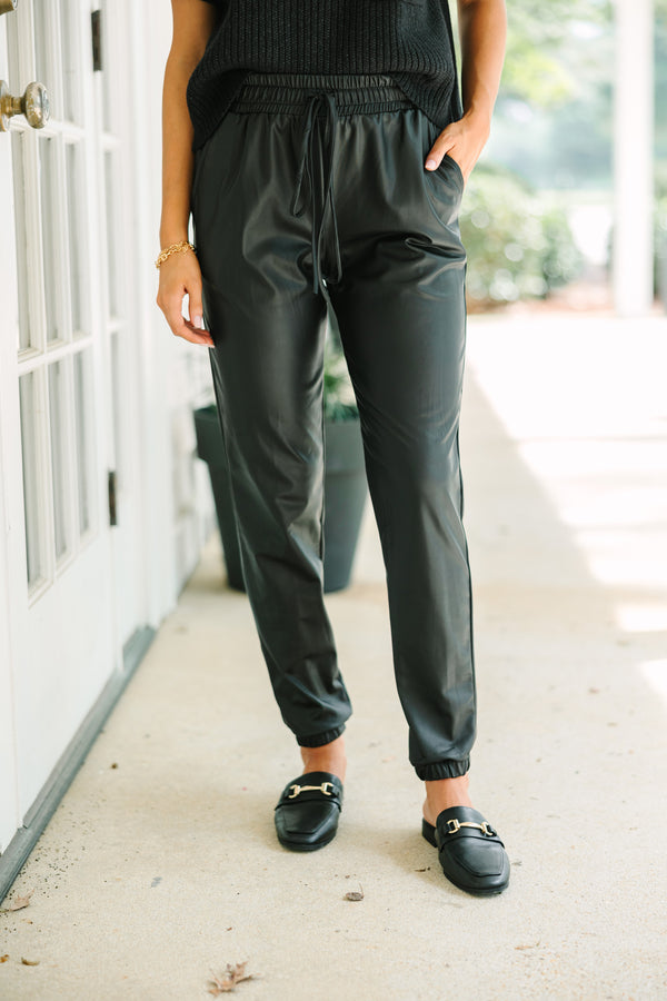 Trendy Black Leather Joggers, Trendy Pants For Fall