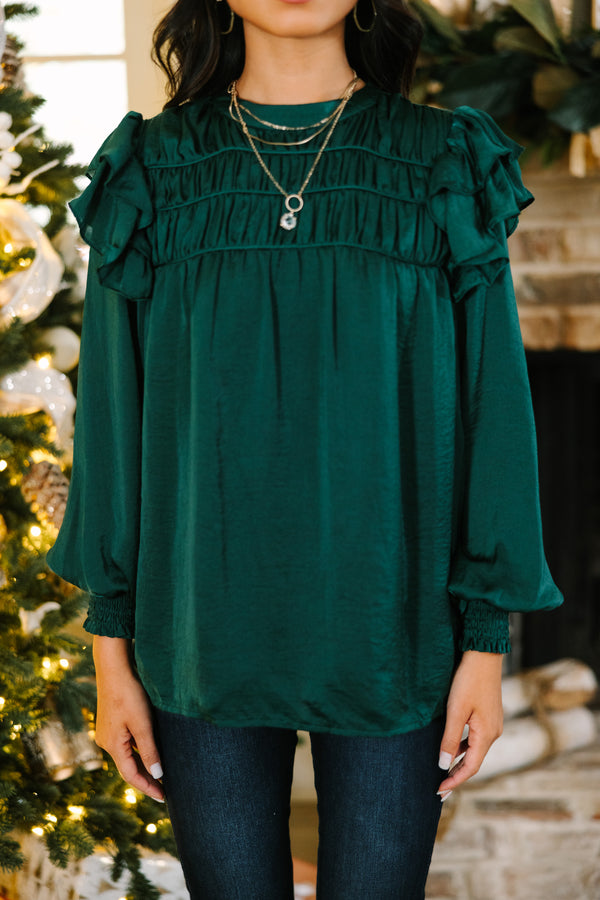 Going Out Hunter Green Ruffled Satin Blouse