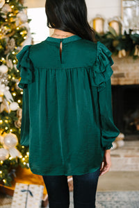 Going Out Hunter Green Ruffled Satin Blouse