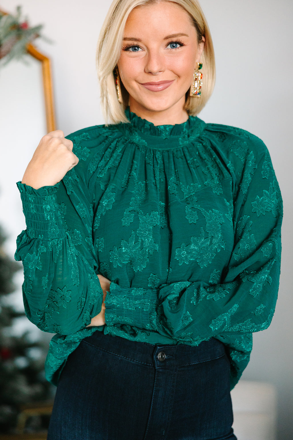 Check The List Hunter Green Textured Floral Blouse – Shop the Mint