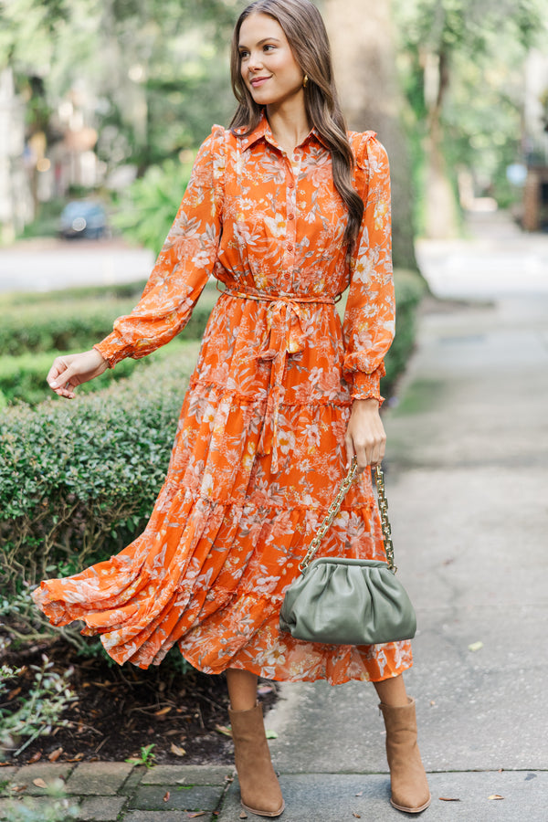 Found The One Rust Orange Floral Midi Dress Shop the Mint Found The One Rust Orange Floral Midi Dress Shop the Mint