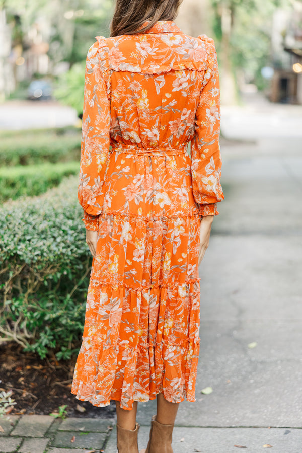 women's orange floral dress Orange Floral Print Twist-Front Maxi Dress | Womens | Medium (Available in XXS) | 100% Polyester