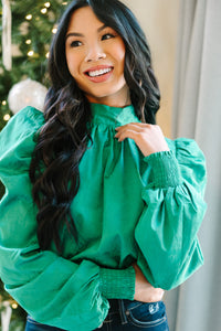 On The Move Green Satin Puff Sleeve Blouse