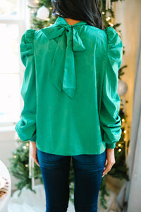On The Move Green Satin Puff Sleeve Blouse