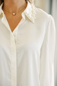 white button down blouse, classic button down blouse, embellished blouse