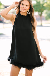 little black dress, feather trim dress, tank dress, holiday party dress, cute online boutique