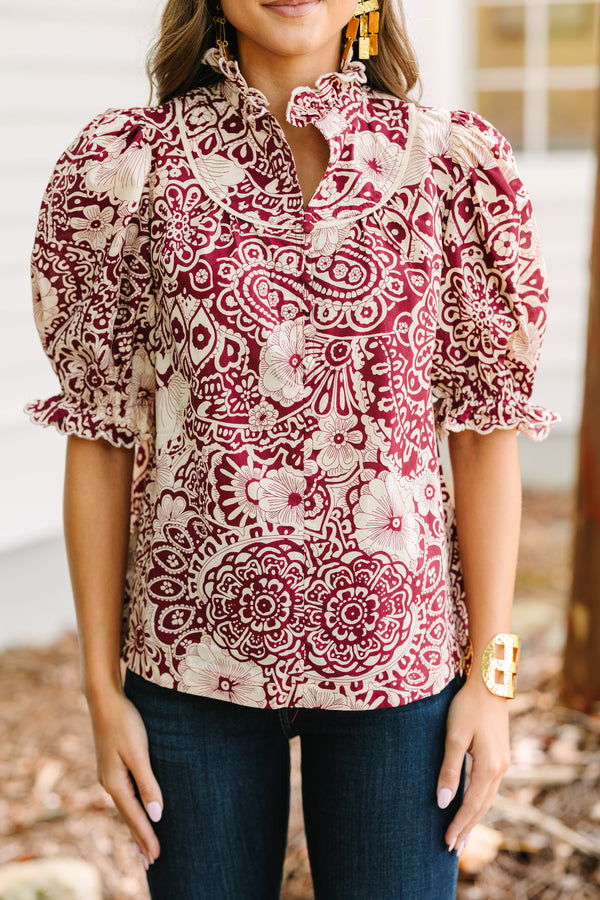 Keep It Up Sangria Red Floral Blouse