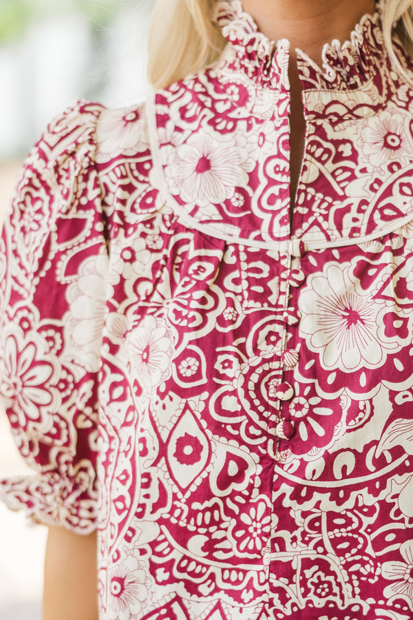 Keep It Up Sangria Red Floral Blouse