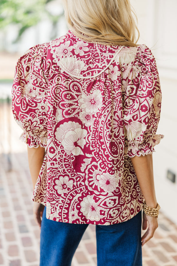 Keep It Up Sangria Red Floral Blouse