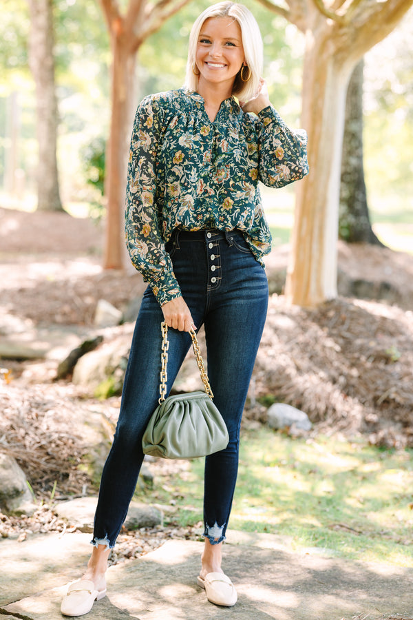 Fate: Falling For You Hunter Green Floral Blouse