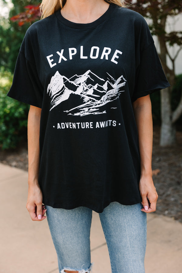 Adventures Are Waiting Black Graphic Tee