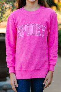 Girls: Spooky Season Fuchsia Pink Embroidered Corded Sweatshirt