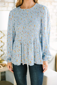 Getting Close Light Blue Ditsy Floral Blouse