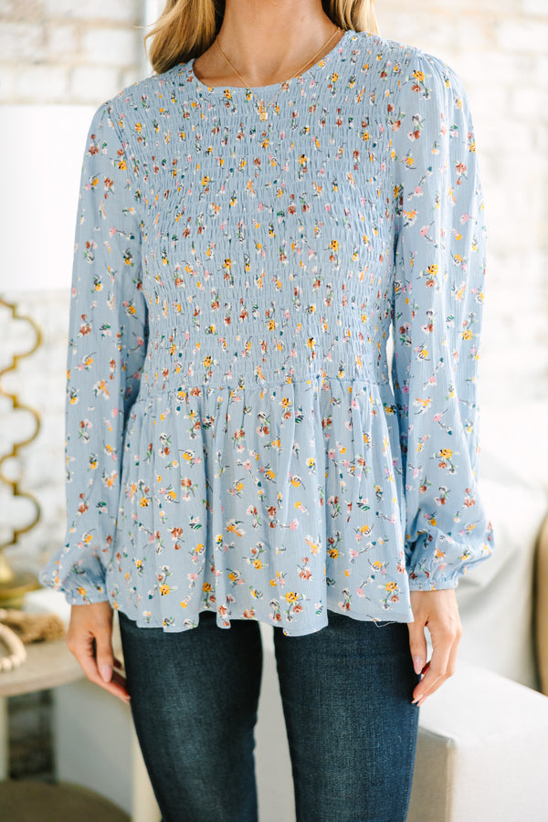 Getting Close Light Blue Ditsy Floral Blouse