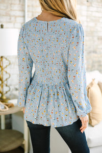 Getting Close Light Blue Ditsy Floral Blouse