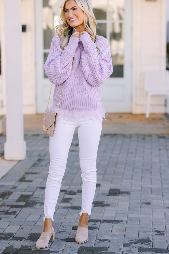 What's Going On Lavendar Purple Feather Trim Sweater – Shop the Mint