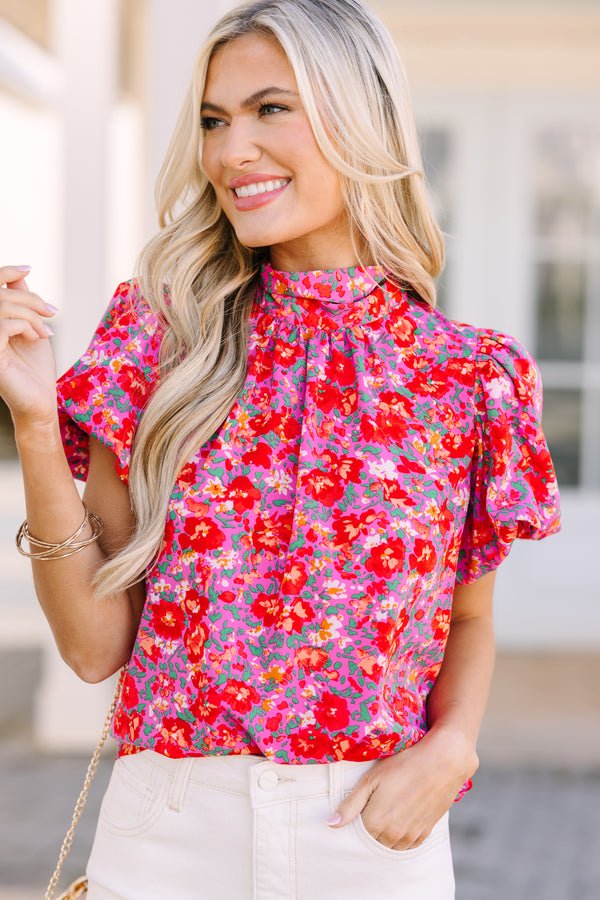 pink blouses, feminine blouses, workwear, bright floral blouse