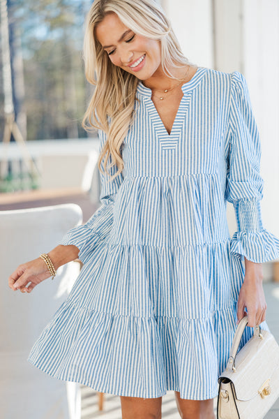 in Your Happy Place Blue Striped Dress, Large - The Mint Julep Boutique