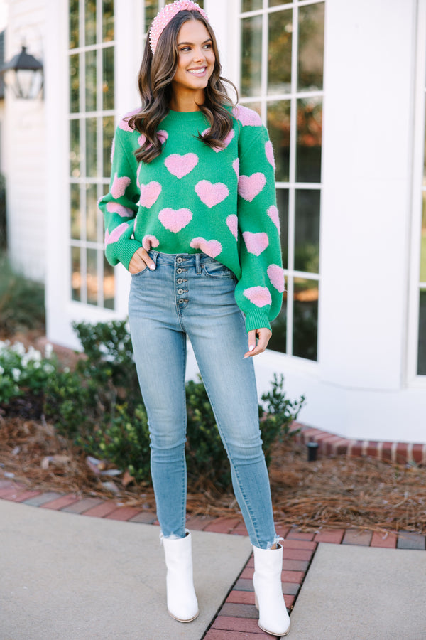 green sweaters, heart print sweaters, valentine's day sweaters, galentine's day 