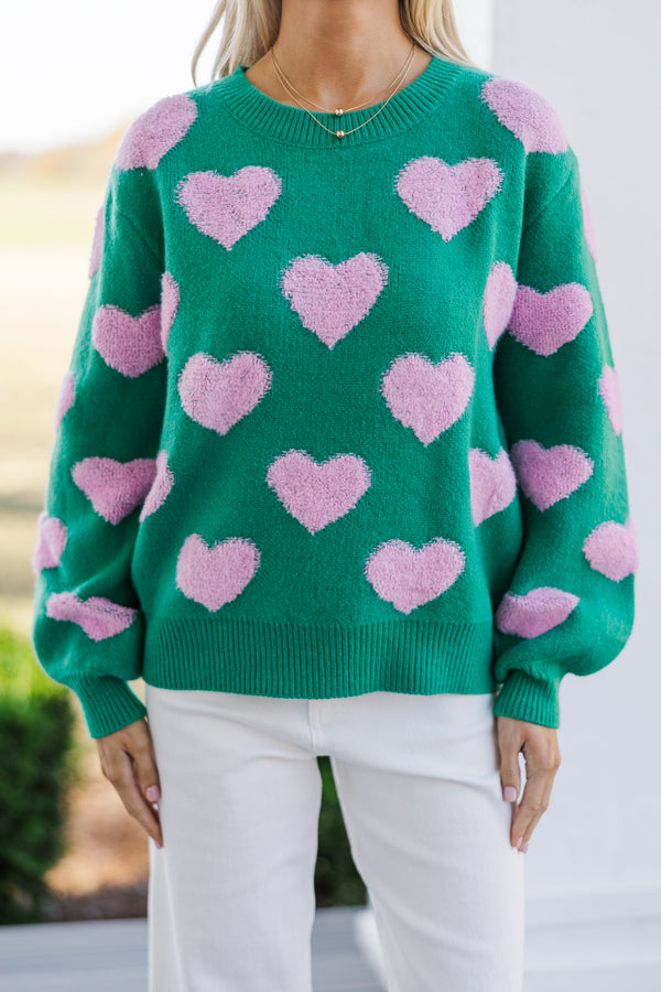 I'll Be there Green Fuzzy Heart Sweater