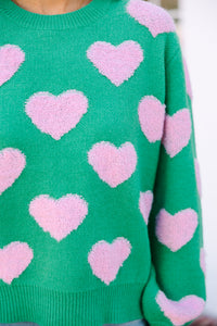green sweaters, heart print sweaters, valentine's day sweaters, galentine's day 