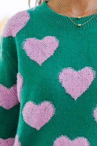 I'll Be there Green Fuzzy Heart Sweater