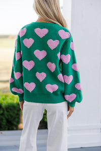 I'll Be there Green Fuzzy Heart Sweater