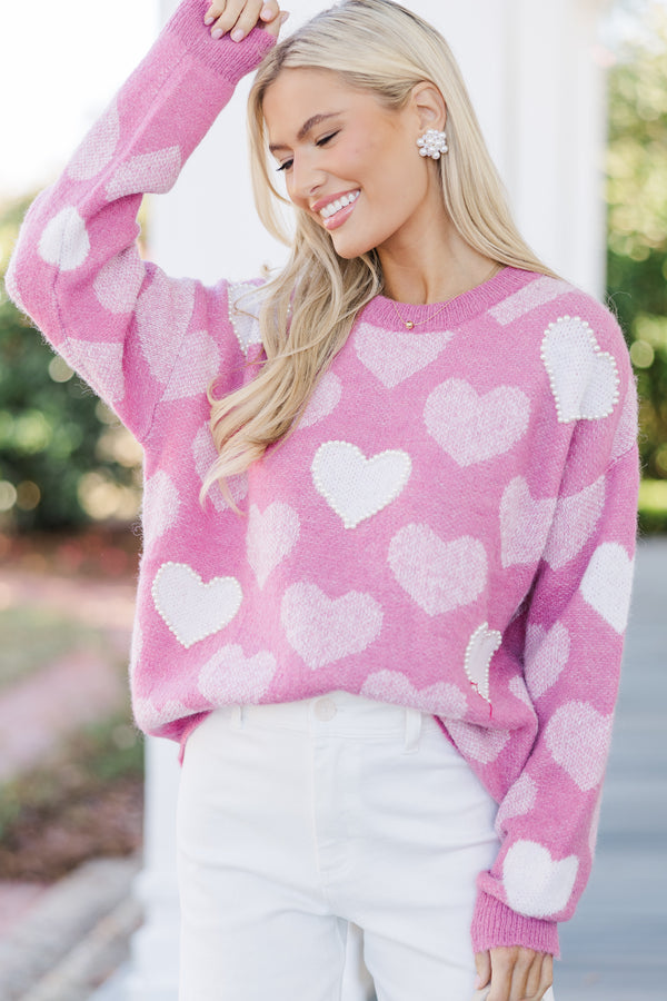 Feeling The Love Pink Heart Pearl Detailed Sweater