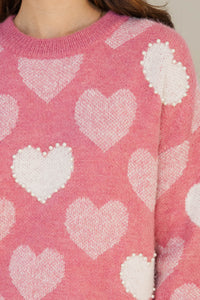 Feeling The Love Pink Heart Pearl Detailed Sweater