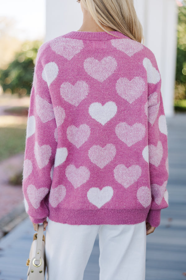 Pink Checkerboard Heart Puff Sleeve Sweater