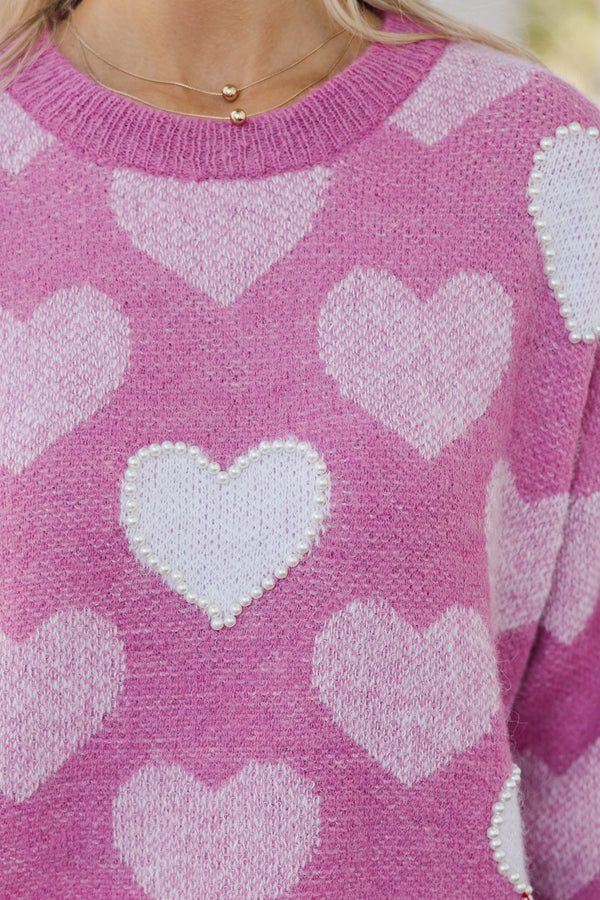 Feeling The Love Pink Heart Pearl Detailed Sweater