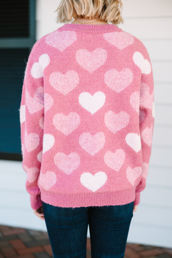 Feeling The Love Pink Heart Pearl Detailed Sweater