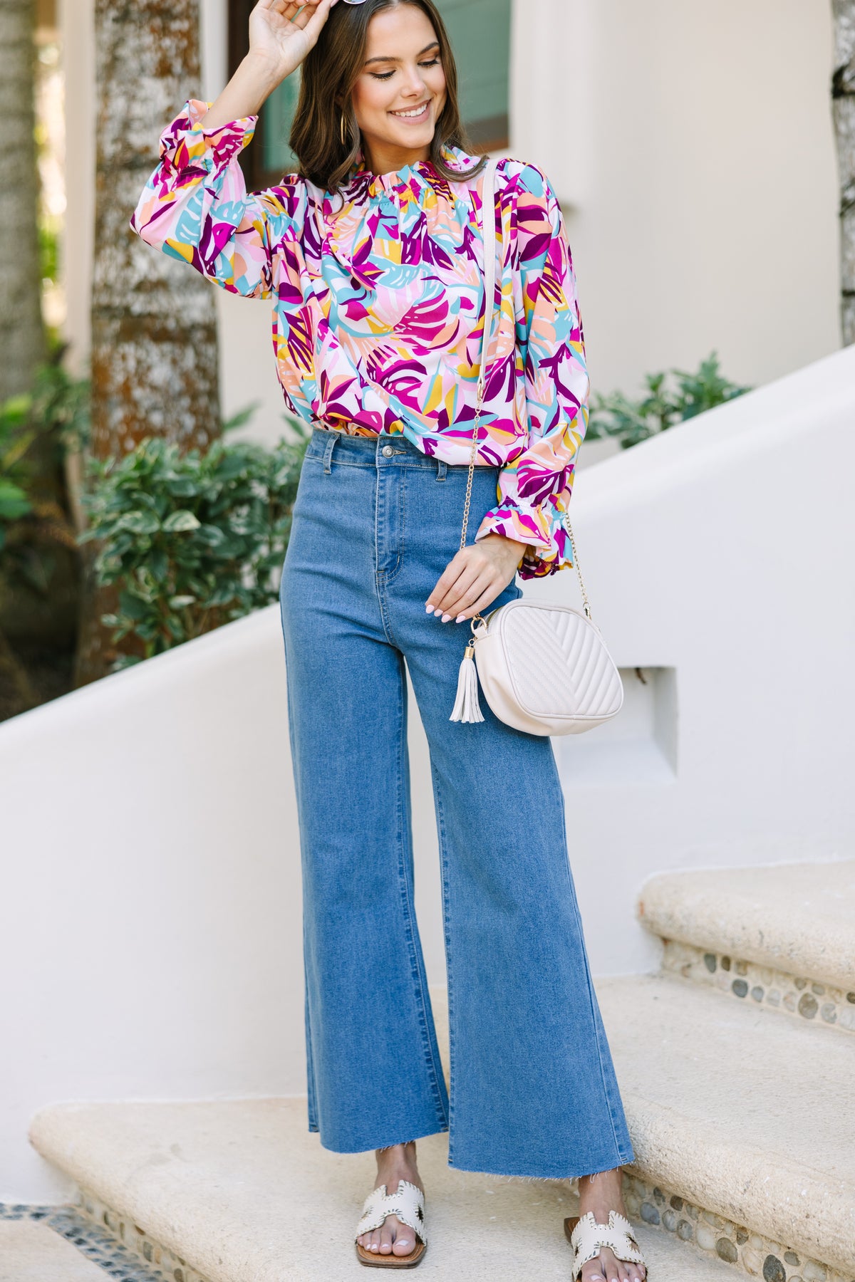 Forever Fuchsia Boho Floral Print Long Sleeve Blouse