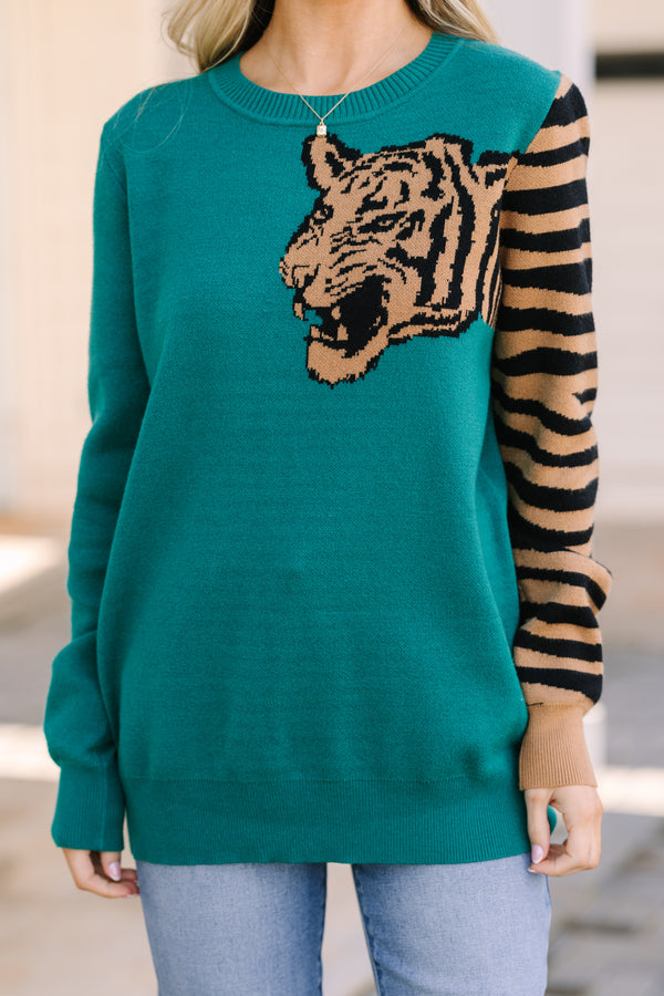 Over Your Shoulder Hunter Green Tiger Sweater