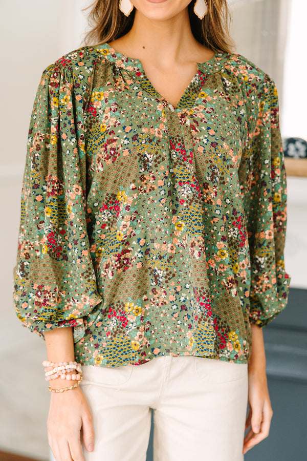 Places To Go Olive Green Ditsy Floral Blouse