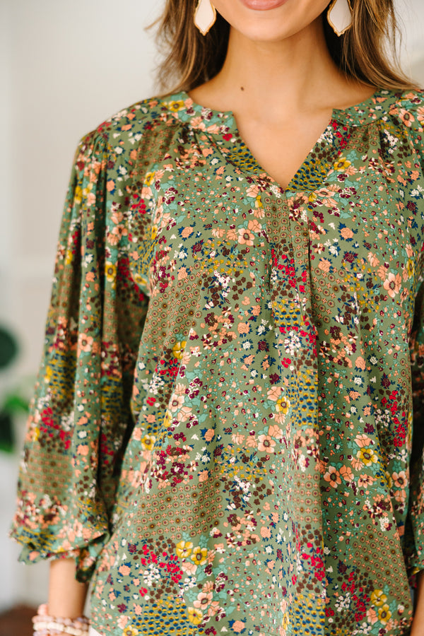 Places To Go Olive Green Ditsy Floral Blouse – Shop the Mint