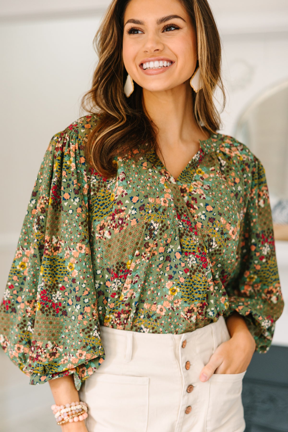 Places To Go Olive Green Ditsy Floral Blouse – Shop the Mint