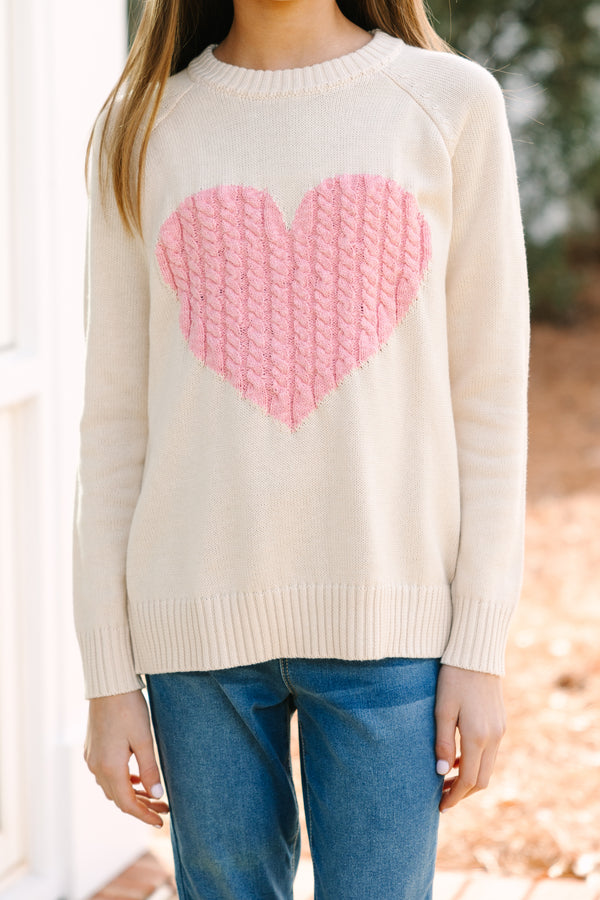 Girls: All For Love Oatmeal and Pink Heart Sweater