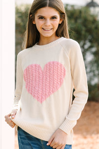 Girls: All For Love Oatmeal and Pink Heart Sweater