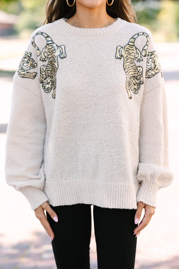 So Much To Love Oatmeal Brown Sequin Tiger Sweater