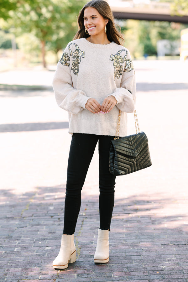 So Much To Love Oatmeal Brown Sequin Tiger Sweater