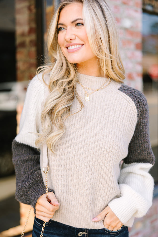 Talk It Through Taupe Brown Colorblock Sweater