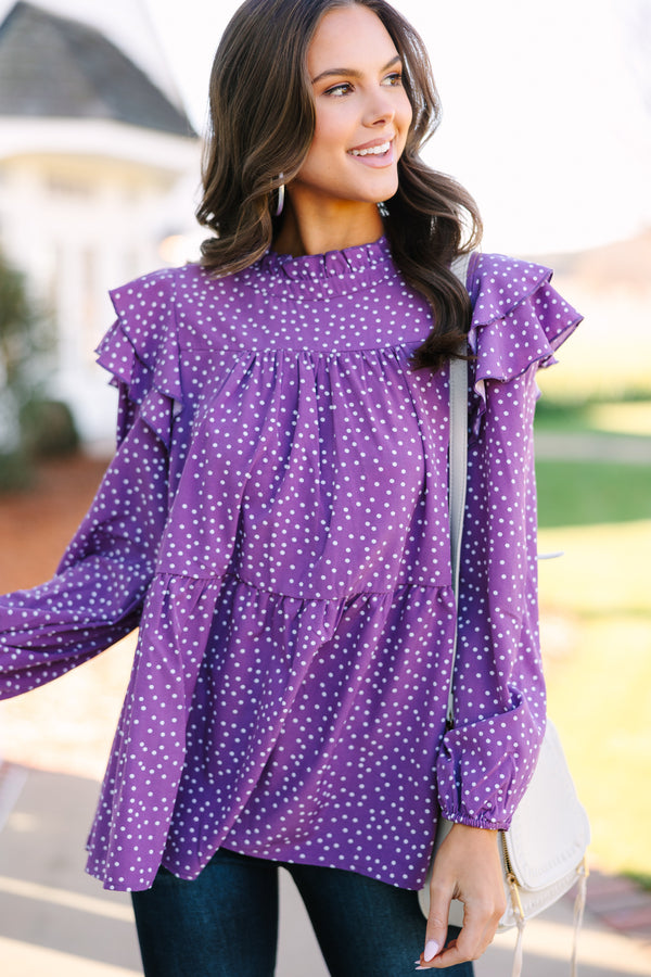 polka dot blouse, purple ruffled blouse, cute women's blouses