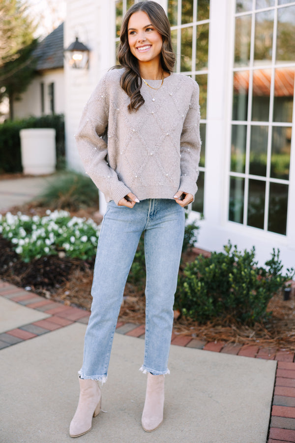 On Your Time Taupe Brown Pearl Embellished Sweater