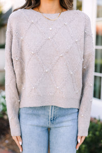 On Your Time Taupe Brown Pearl Embellished Sweater