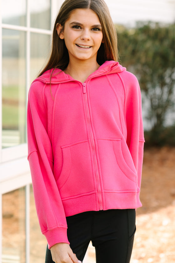 Girls Casual Printed Fuchsia Hoodie with Wide Tie