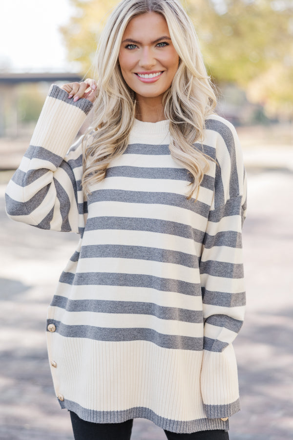 Heathered Grey and White Striped Knit Lightweight Sweater Stitch and Co 30A