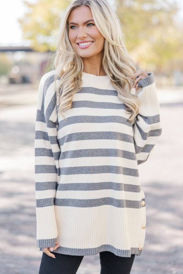 On The Way Up Heather Grey Striped Sweater