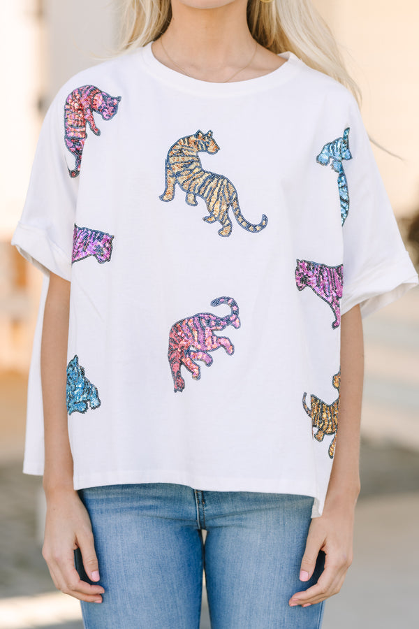 sequin tiger top, causal tops, colorful tops, boutique tops