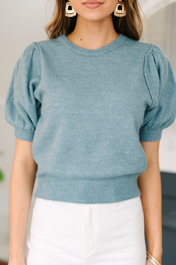 Tell You Everything Heather Blue Short Sleeve Sweater